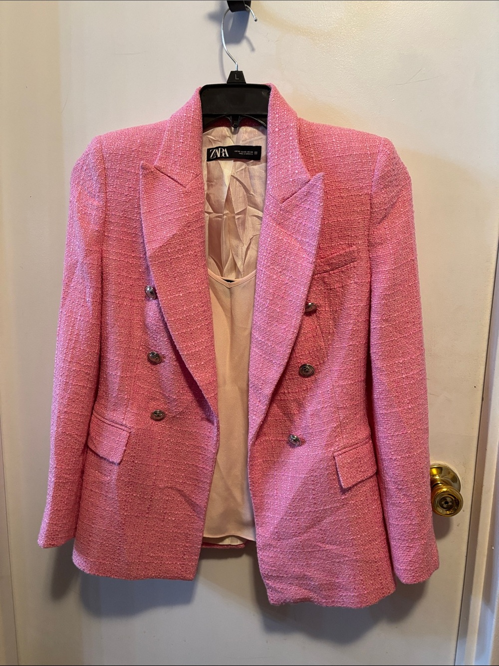 Zara Pink Double-Breasted Tweed Blazer